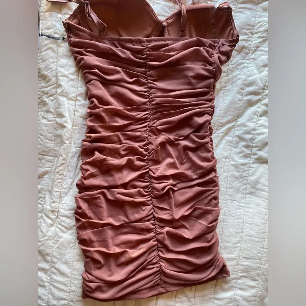 IRIS mini dress light brown  with spaghetti straps top corset type ruched New - Picture 9 of 10